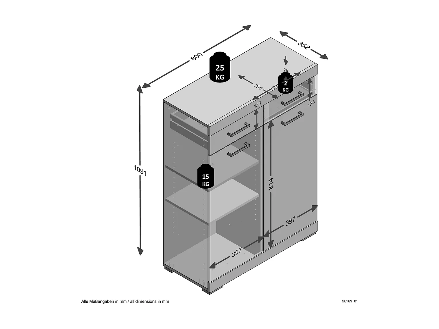 Commode de Rangement 2 Portes 2 Tiroirs L80cm - Bristol