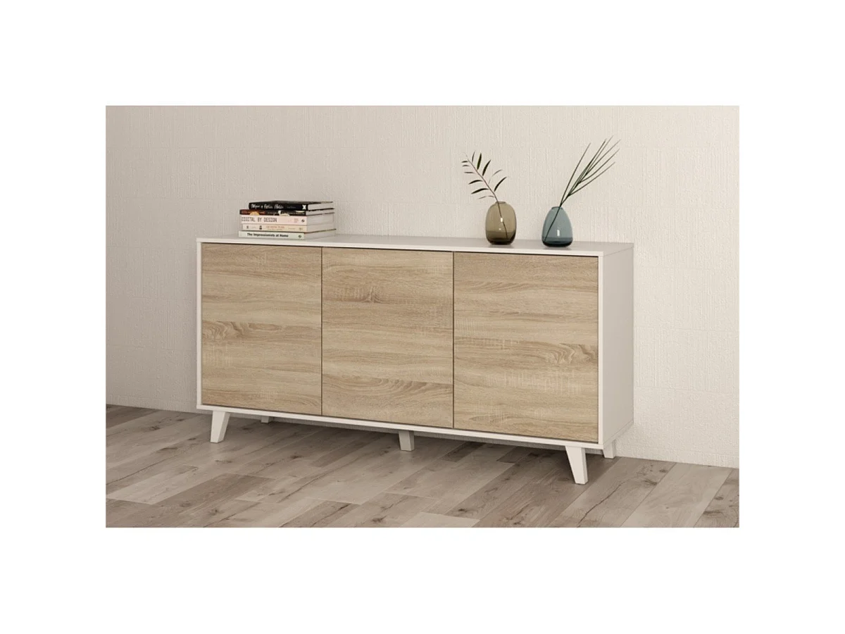 Aparador de 3 puertas con interior versátil en blanco brillo y roble canadian 154 cm Zaiken Plus Blanco - Roble Canadian