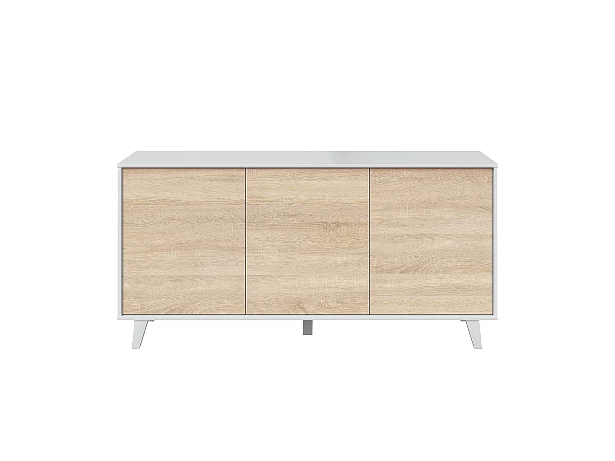 Aparador de 3 puertas con interior versátil en blanco brillo y roble canadian 154 cm Zaiken Plus Blanco - Roble Canadian