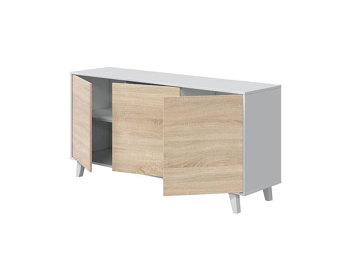 Aparador de 3 puertas con interior versátil en blanco brillo y roble canadian 154 cm Zaiken Plus Blanco - Roble Canadian
