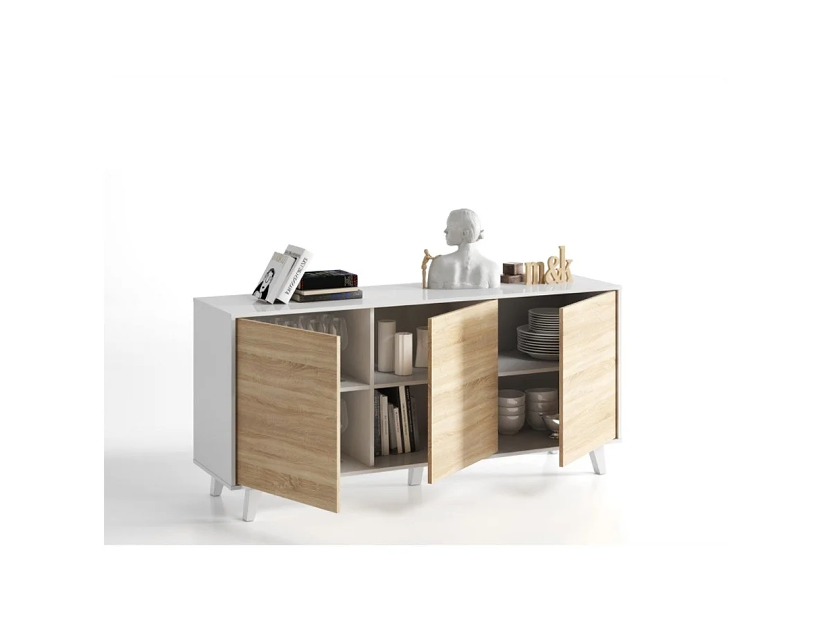 Aparador de 3 puertas con interior versátil en blanco brillo y roble canadian 154 cm Zaiken Plus Blanco - Roble Canadian
