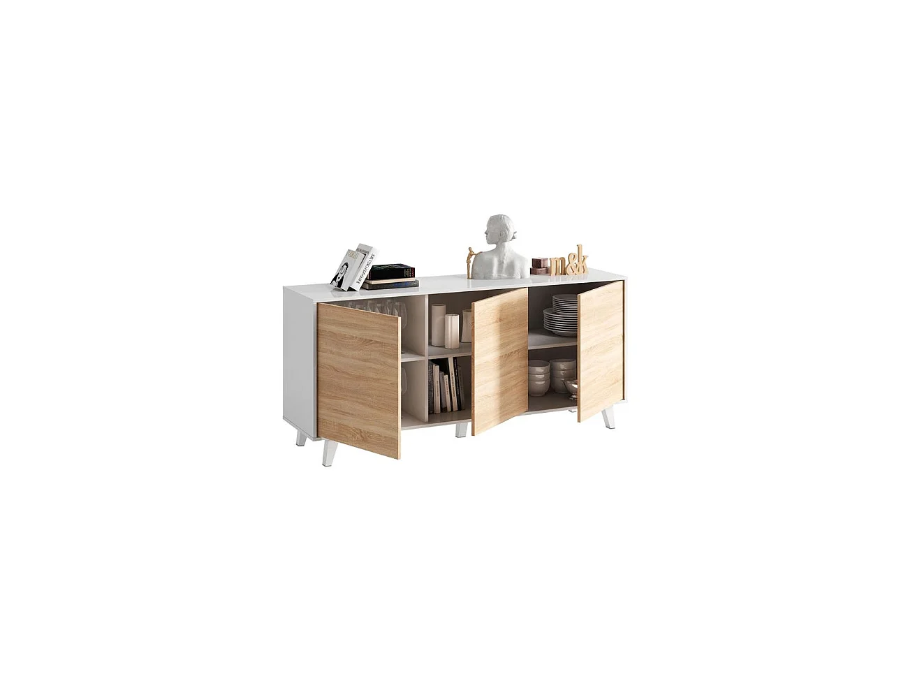 Aparador de 3 puertas con interior versátil en blanco brillo y roble canadian 154 cm Zaiken Plus Blanco - Roble Canadian