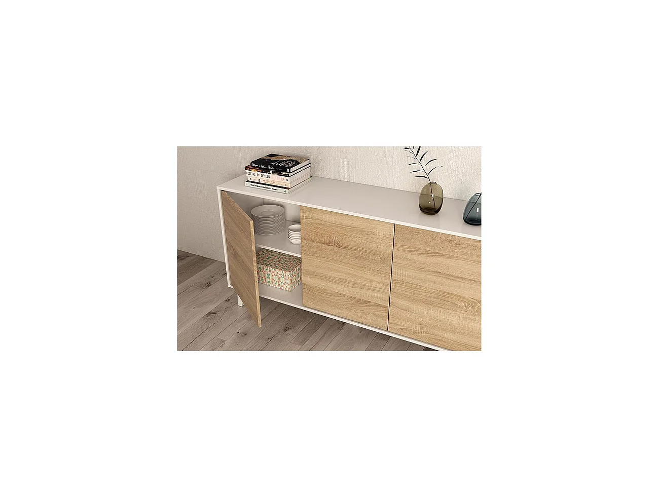 Aparador de 3 puertas con interior versátil en blanco brillo y roble canadian 154 cm Zaiken Plus Blanco - Roble Canadian
