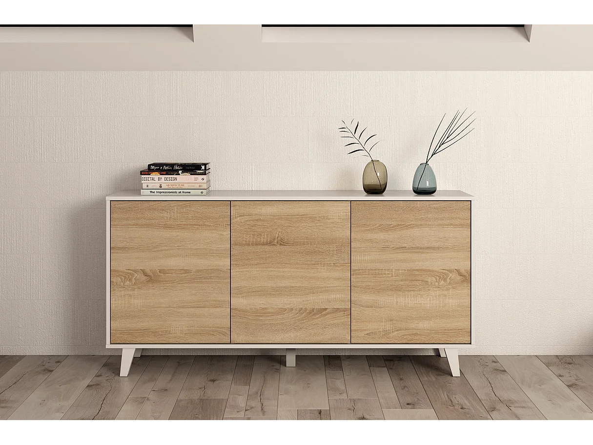 Aparador de 3 puertas con interior versátil en blanco brillo y roble canadian 154 cm Zaiken Plus Blanco - Roble Canadian