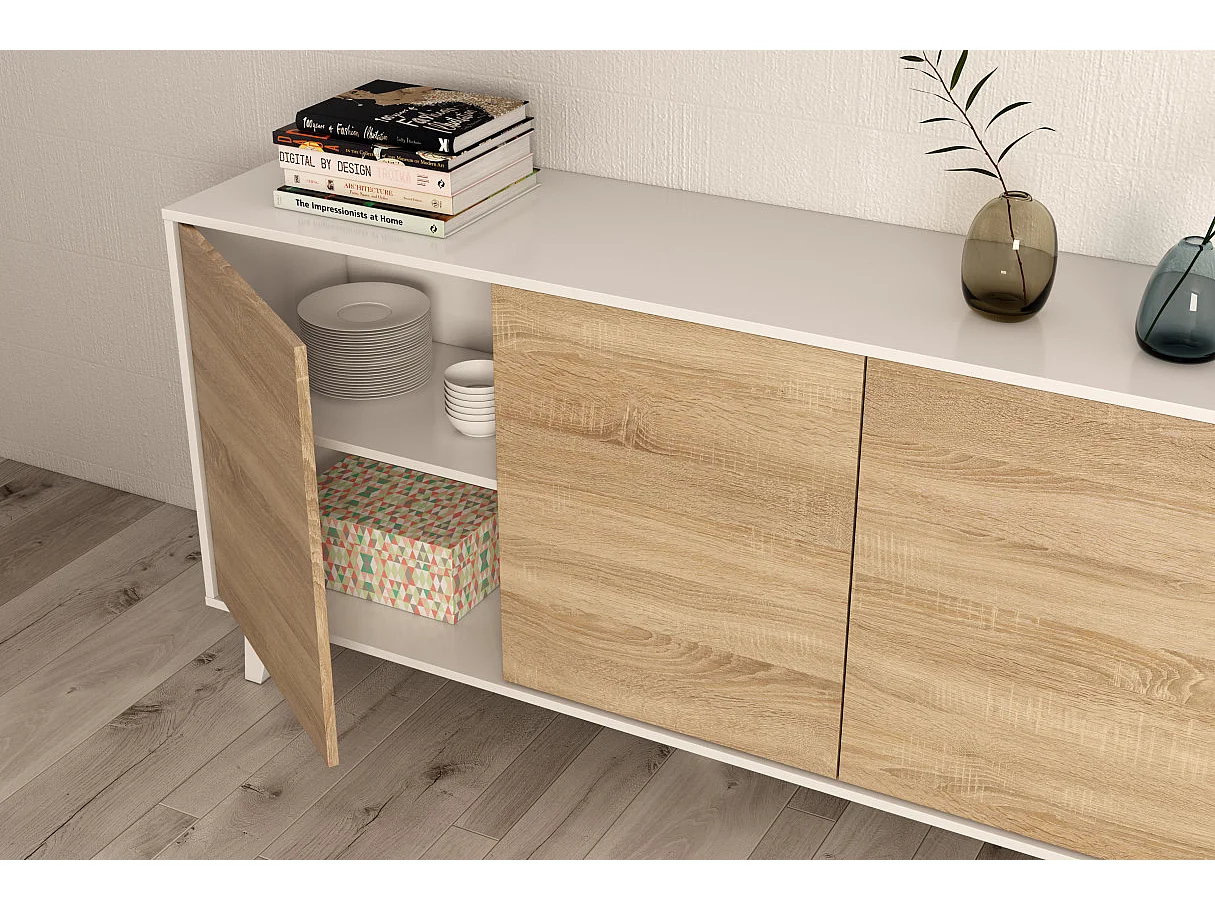 Aparador de 3 puertas con interior versátil en blanco brillo y roble canadian 154 cm Zaiken Plus Blanco - Roble Canadian