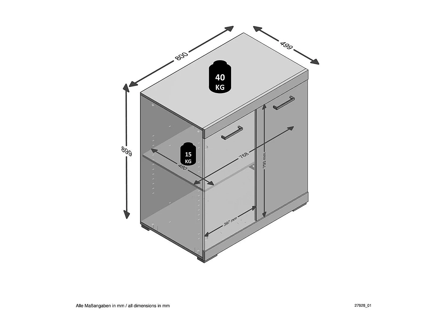 Buffet met 2 deuren en interne plank L80cm - Bristol