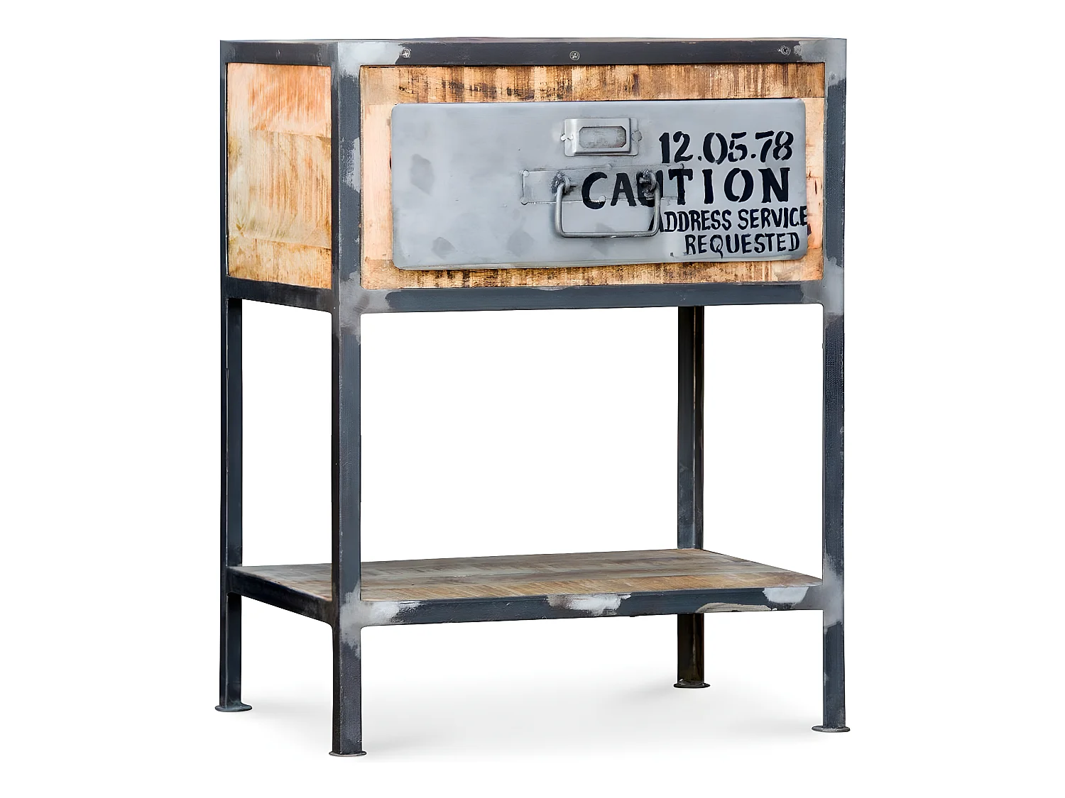 Vintage industrial nachttisch stahl und holz