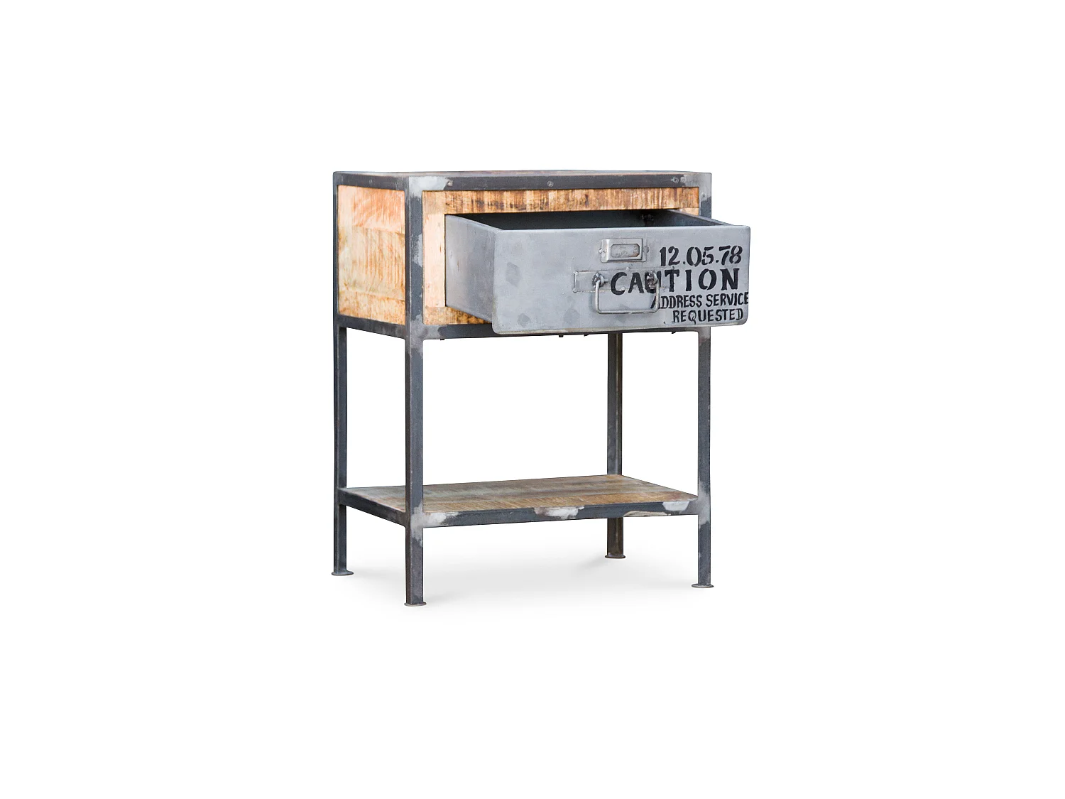 Vintage industrial nachttisch stahl und holz