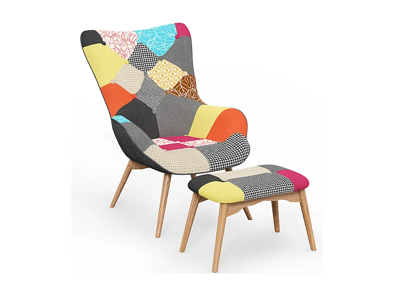 Sessel mit Fußstütze - Bezug aus Patchwork-Stoff - Kontur