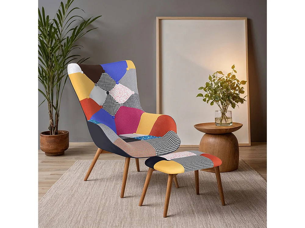 Fauteuil avec Repose-Pieds - Revêtement en Tissu Patchwork - Kontur Multicolore