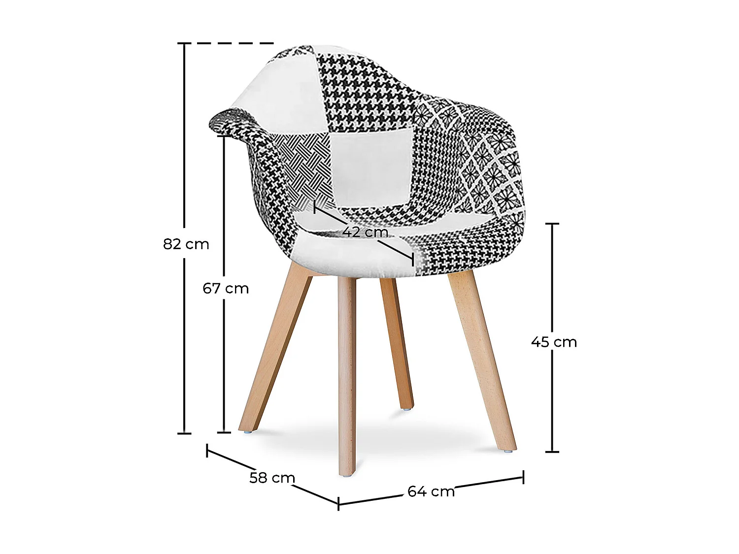 Esszimmerstuhl mit Armlehnen - Bezogen mit Patchwork - Schwarz und Weiß - Dominic