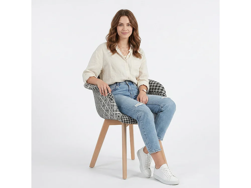 Silla de Comedor con Reposabrazos -Tapizada en Patchwork - Blanco y Negro - Dominic