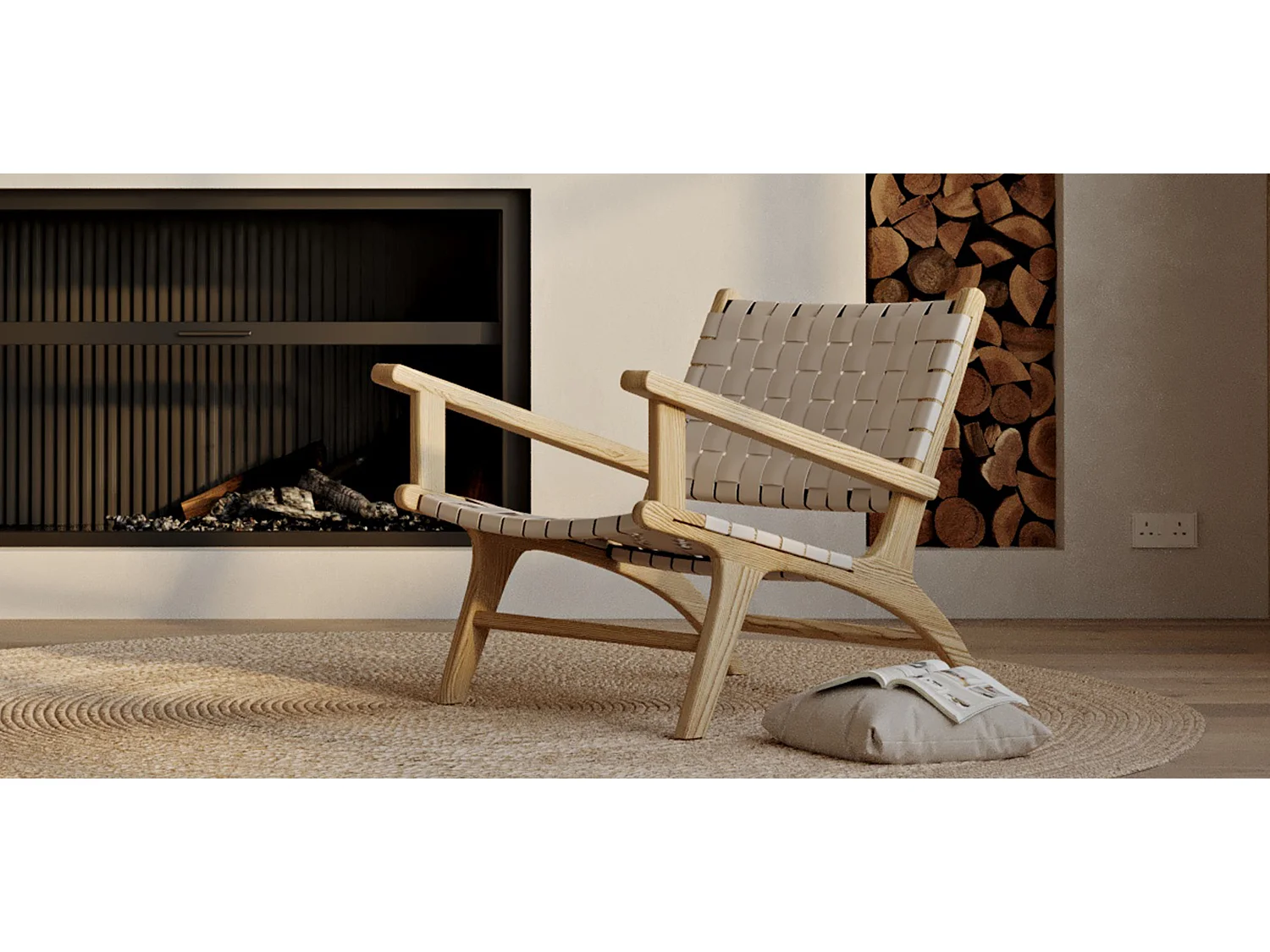 Loungesessel mit Armlehnen - Boho Bali Design Armchair - Holz und Leinen - Recia