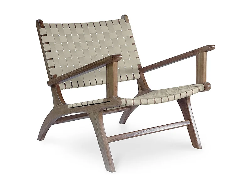 Fauteuil de Salon avec Accoudoirs - Fauteuil de Design Boho Bali - Bois et Lin - Recia Taupe