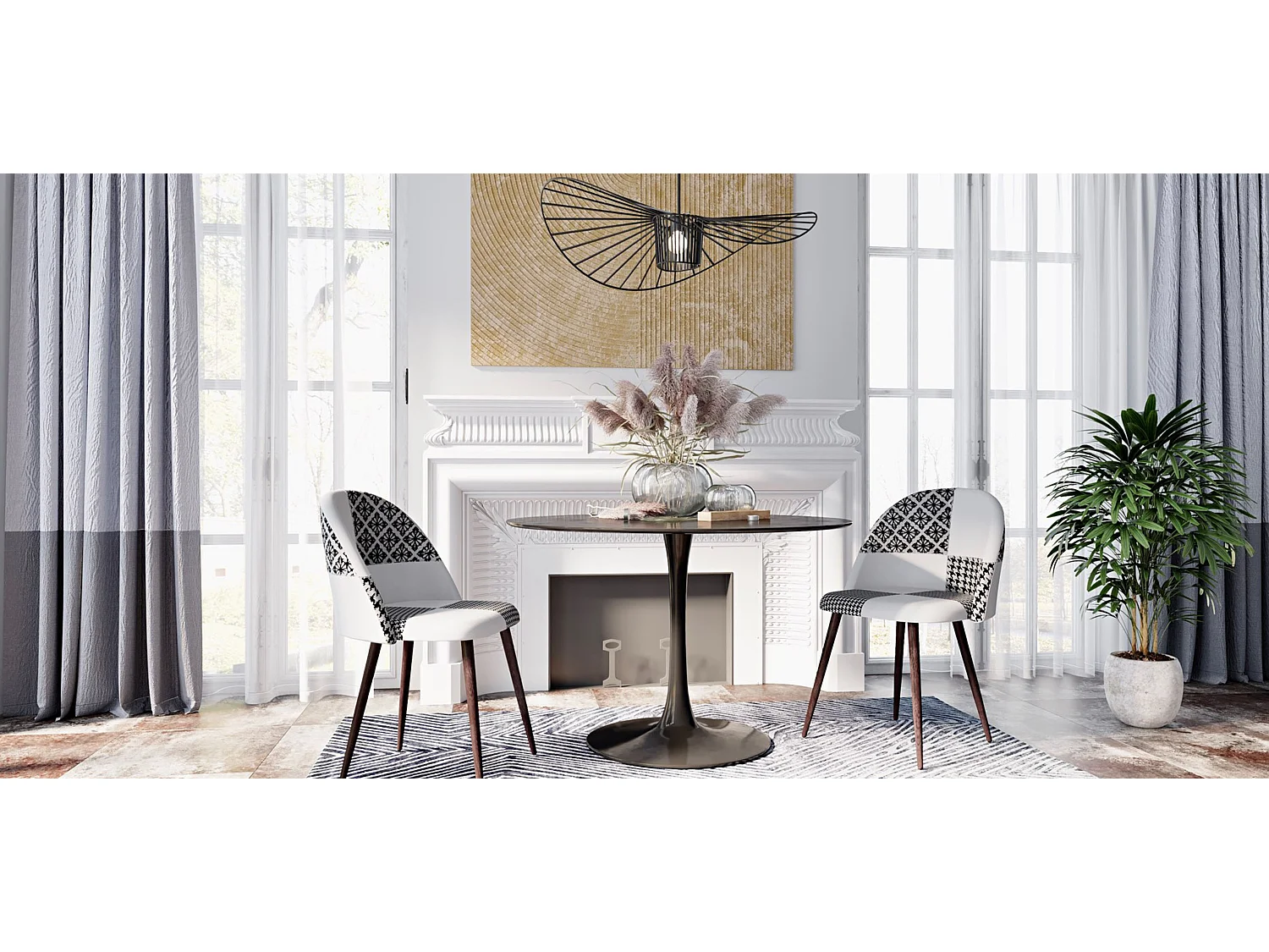 Sedia da pranzo - Rivestita in patchwork bianco e nero - Evelyne