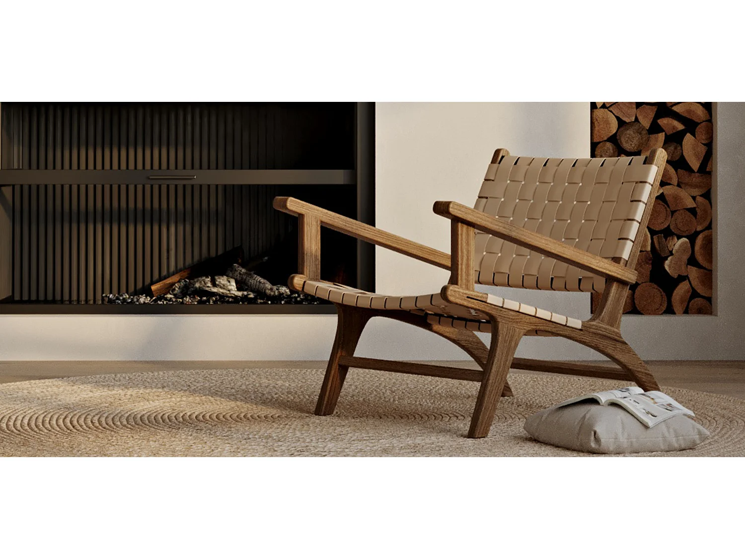 Poltrona da Salotto con Braccioli - Design Boho Bali - Legno e Pelle - Recia