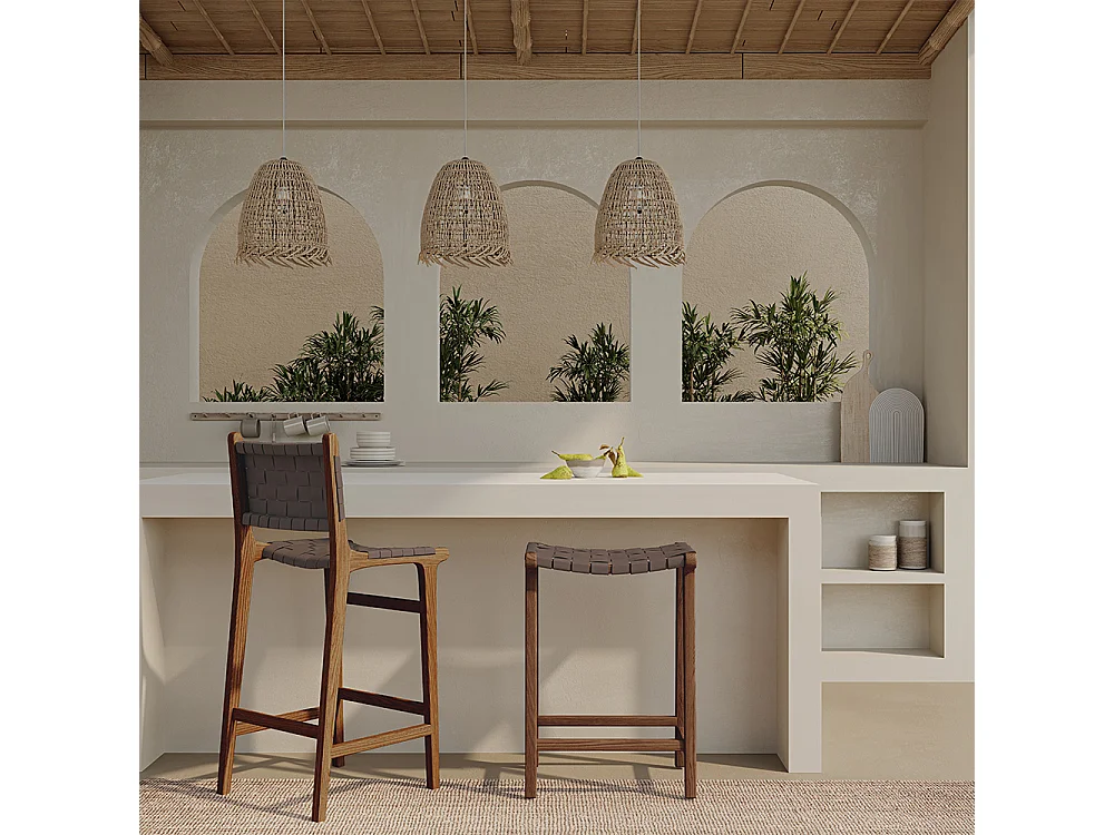 Sgabello in legno - Design Boho Bali - Pelle - Recia