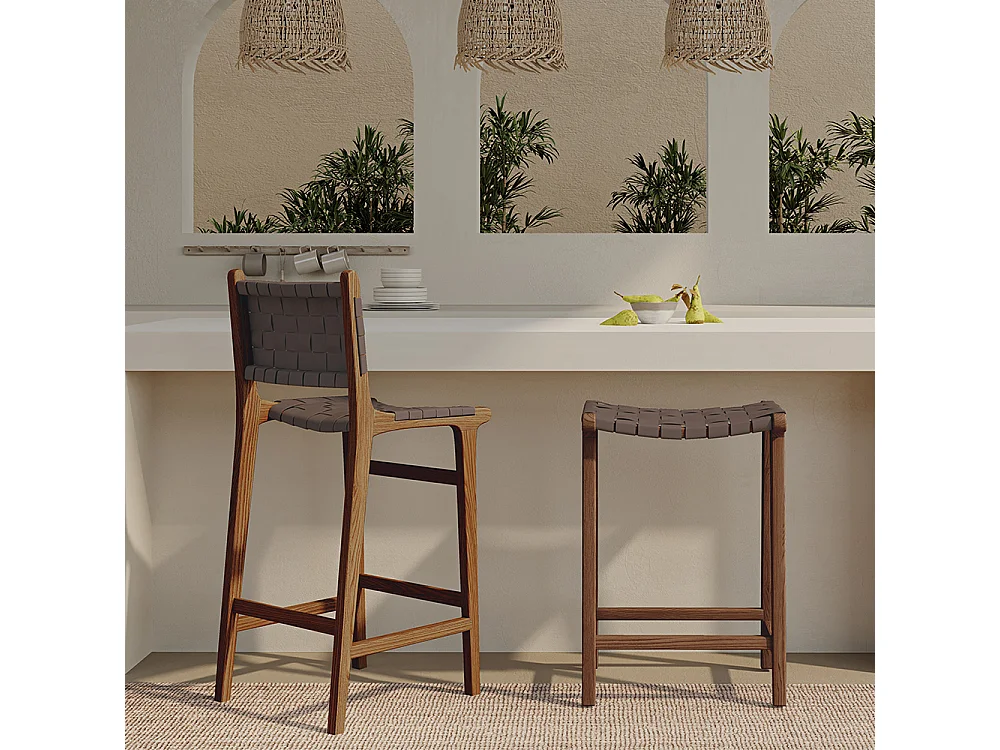 Sgabello in legno - Design Boho Bali - Pelle - Recia