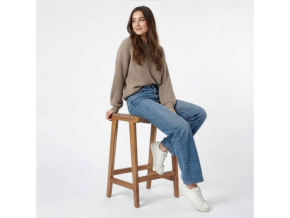 Sgabello in legno - Design Boho Bali - Pelle - Recia