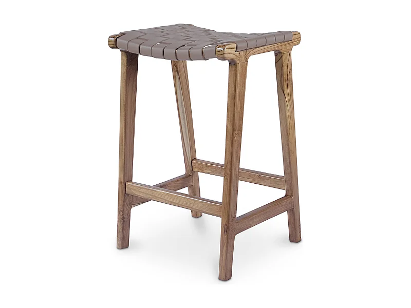 Tabouret en bois - Design Boho Bali - Cuir - Recia Marron