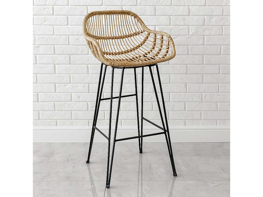 Tabouret de bar en rotin avec accoudoirs - Style Boho Bali - 75cm - Many Marron clair