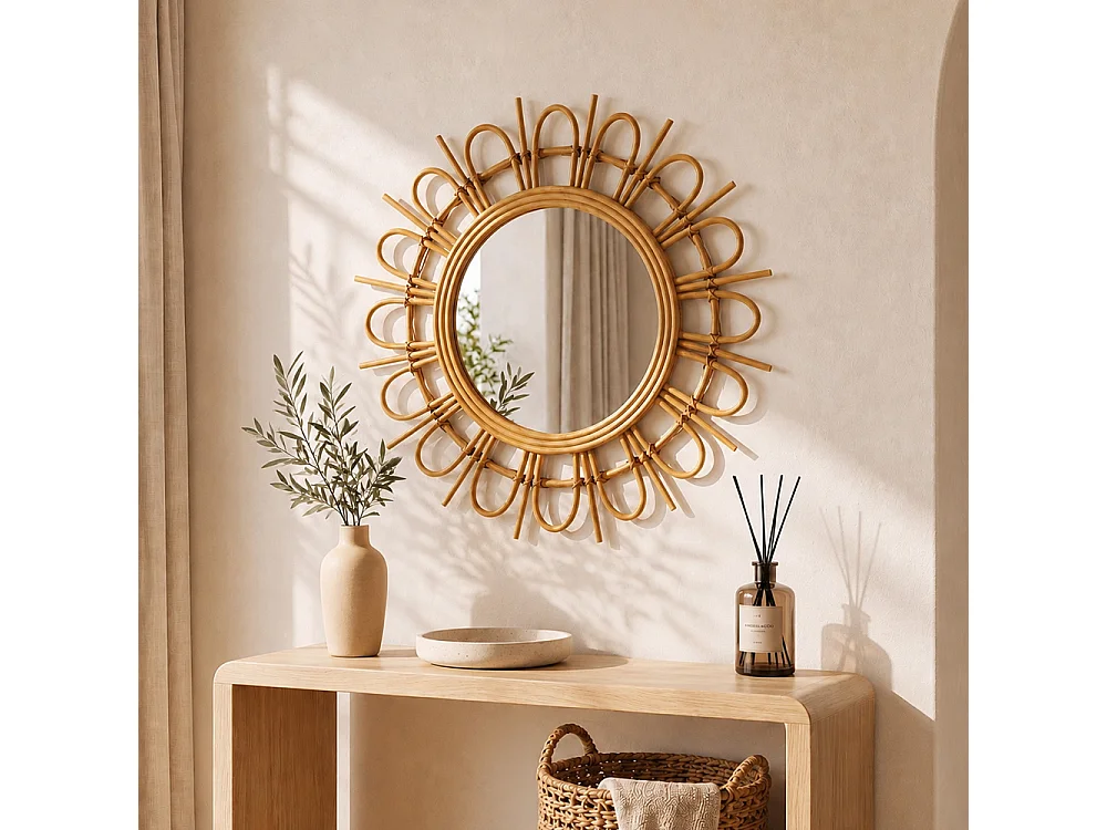 Miroir Mural - Design Rond Boho Bali (60 cm) - Miu Bois naturel