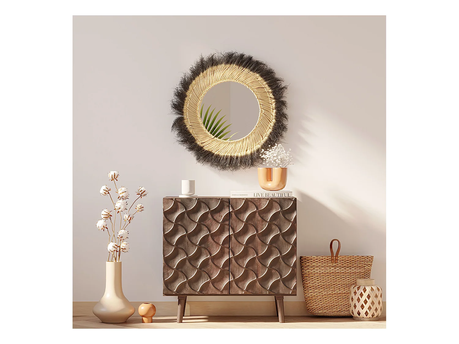 Specchio da Parete - Rotondo Boho Bali (60 cm) - Bioe