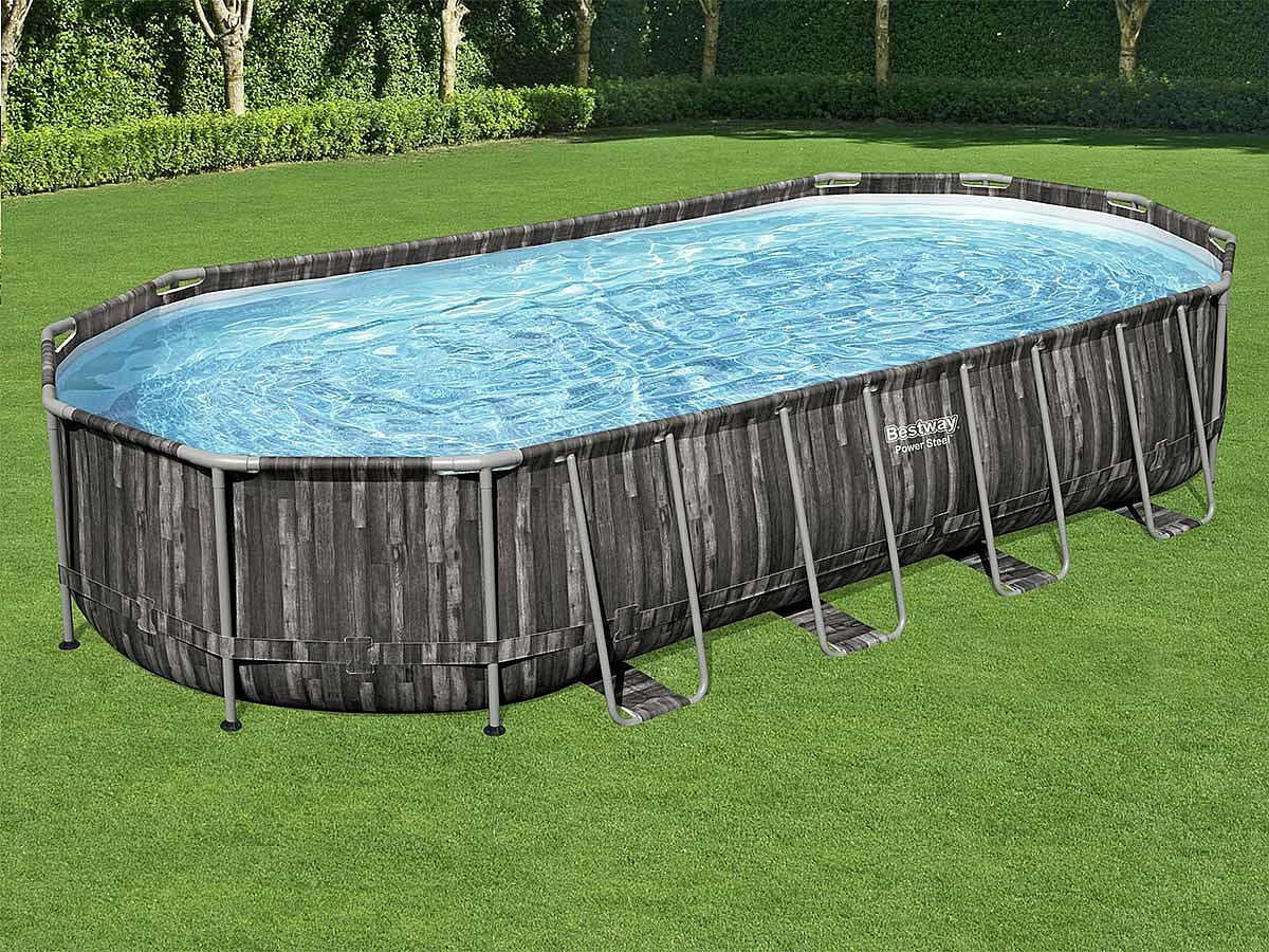 Piscina Fuori Terra Bestway Power Steel Ovale Effetto Legno 732x366x122 cm con Filtro a Cartuccia 9.463 L/H Copertura e Scaletta