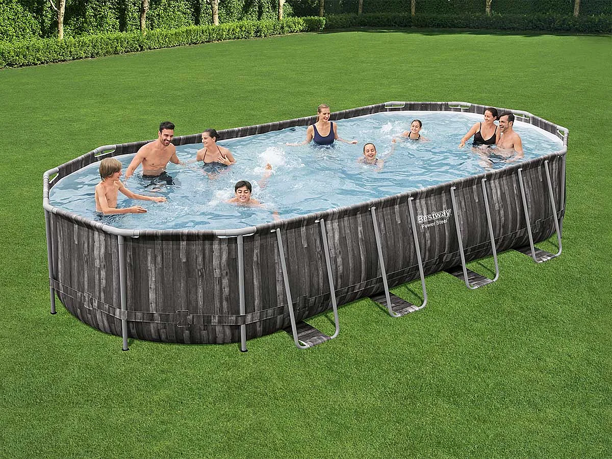 Piscina Fuori Terra Bestway Power Steel Ovale Effetto Legno 732x366x122 cm con Filtro a Cartuccia 9.463 L/H Copertura e Scaletta