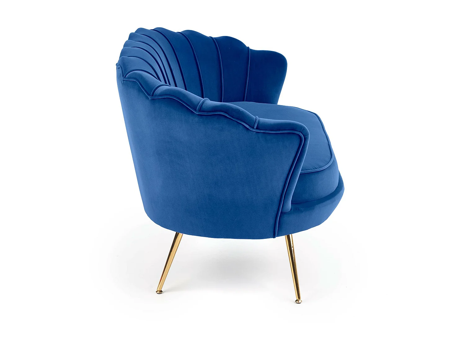 Canapé coquillage en velours bleu avec pieds dorés en métal CAPRICA XL