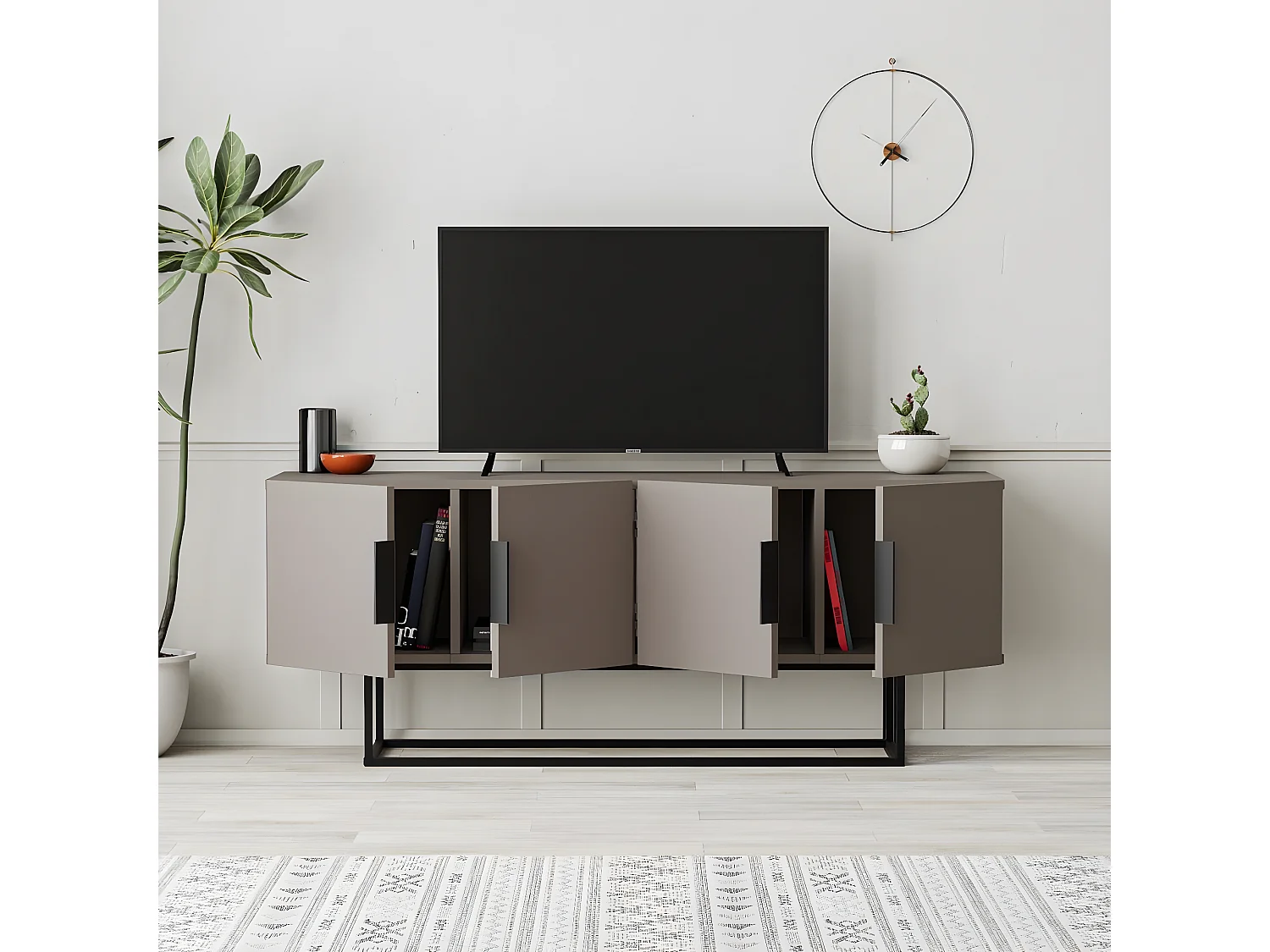 Meuble TV 4 Portes et Pieds en Métal L140 cm - Titan