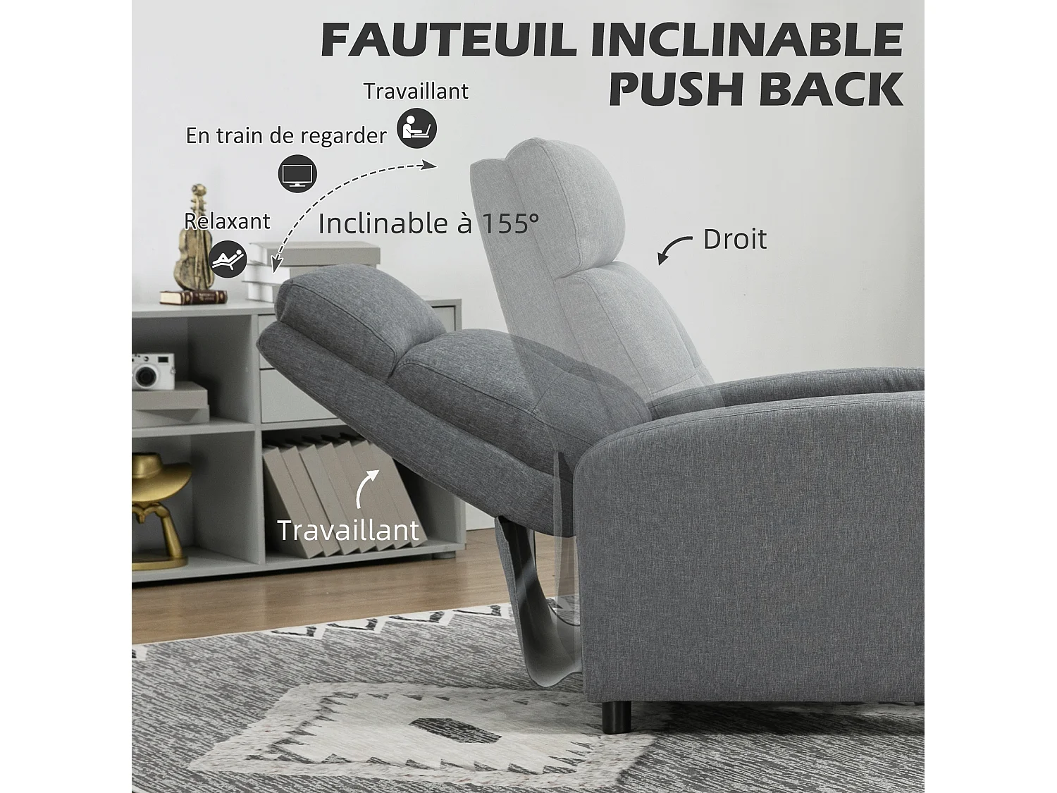 Fauteuil de relaxation grand confort dossier inclinable repose-pied ajustable tissu gris