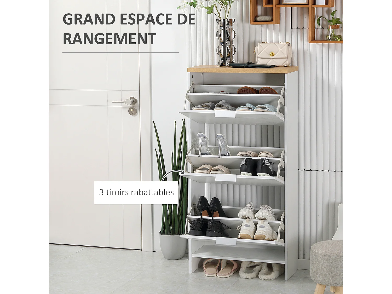 Meuble à chaussures 3 portes abattantes 2 compartiments MDF blanc chêne clair