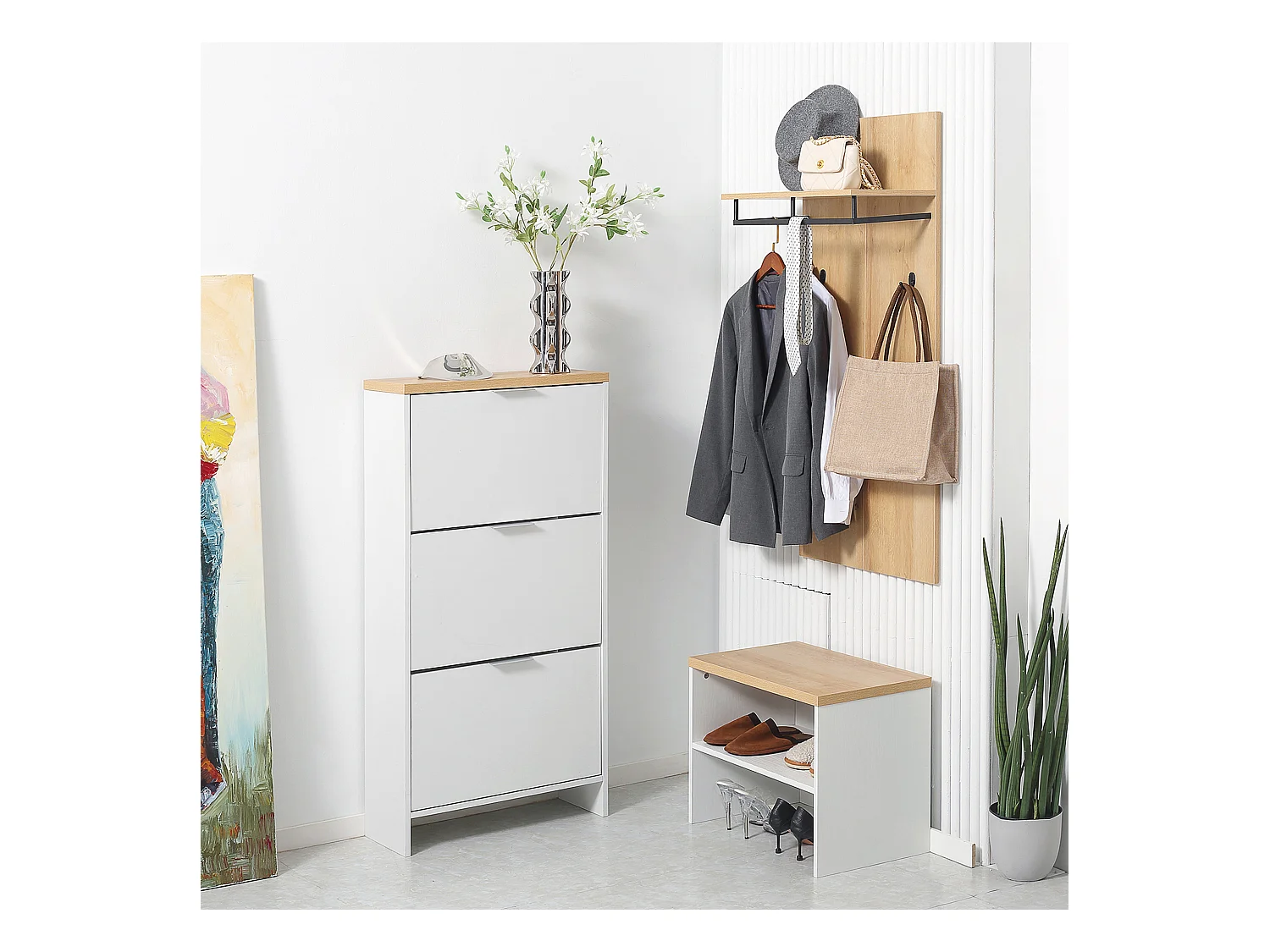 Meuble à chaussures 3 portes abattantes 2 compartiments MDF blanc chêne clair