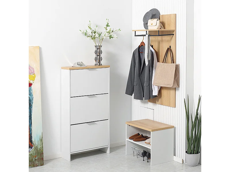 Meuble à chaussures 3 portes abattantes 2 compartiments MDF blanc chêne clair