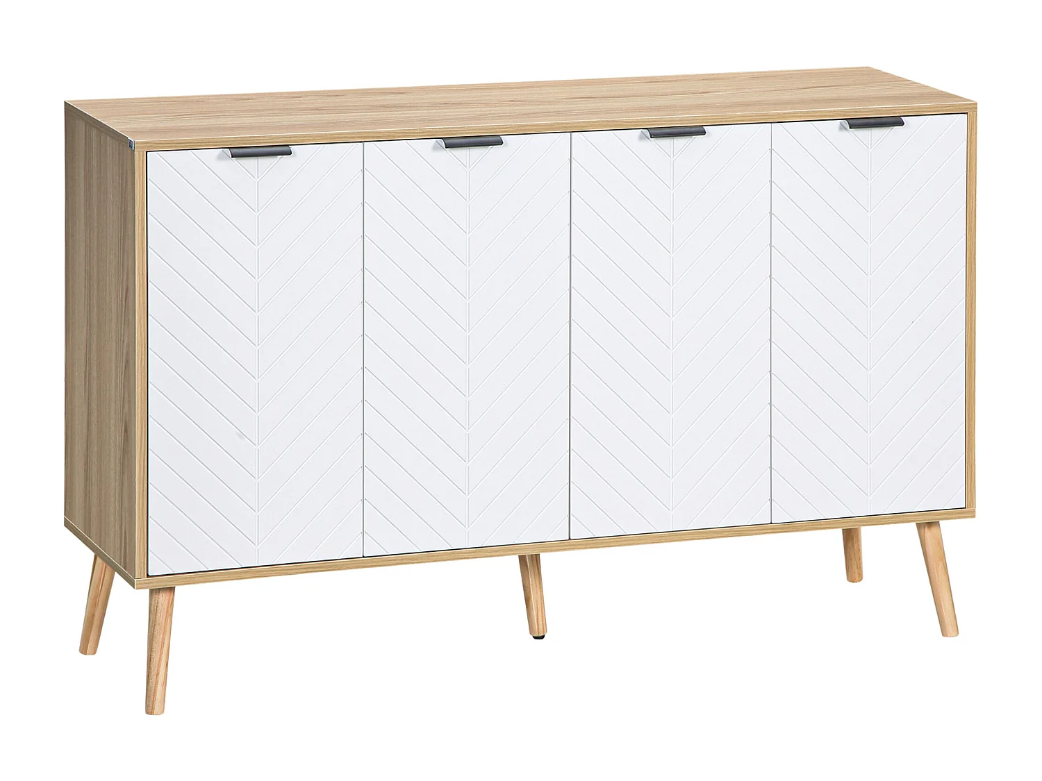 Buffet design scandinave 4 portes 2 étagères piètement bois de pin panneaux portes motif chevrons blanc aspect bois clair