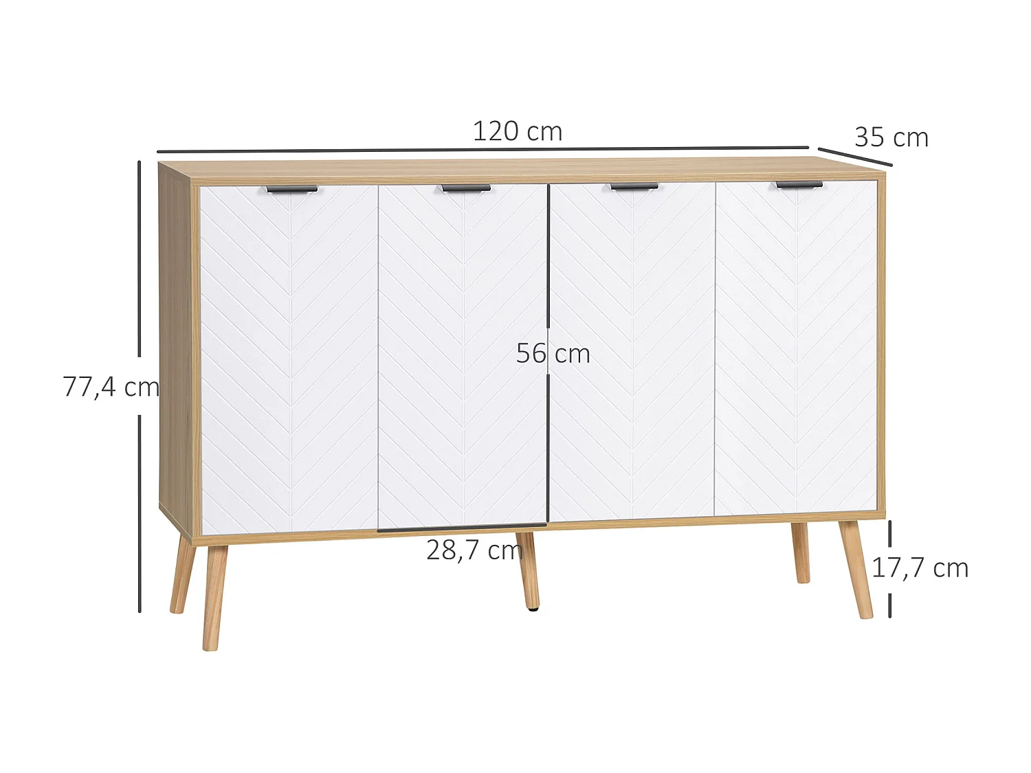 Buffet design scandinave 4 portes 2 étagères piètement bois de pin panneaux portes motif chevrons blanc aspect bois clair