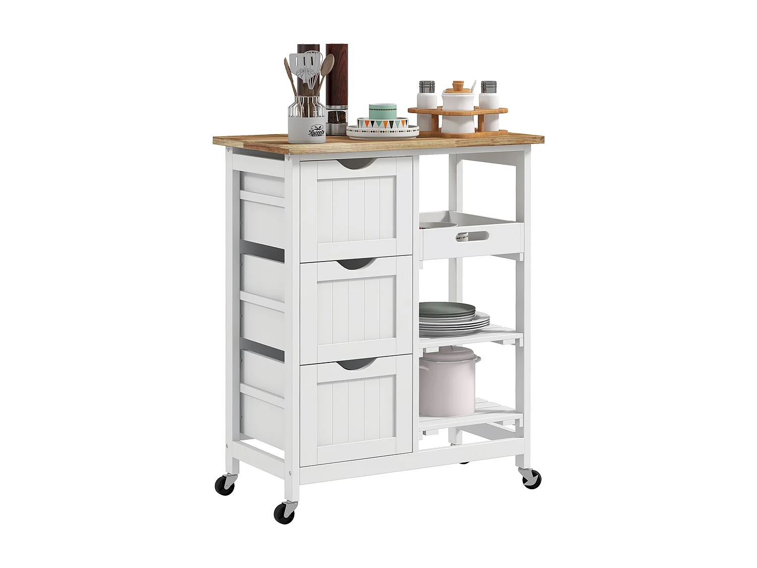Desserte de cuisine multi-rangement - 3 tiroirs, 2 étagères, plateau amovible - MDF blanc bois hévéa