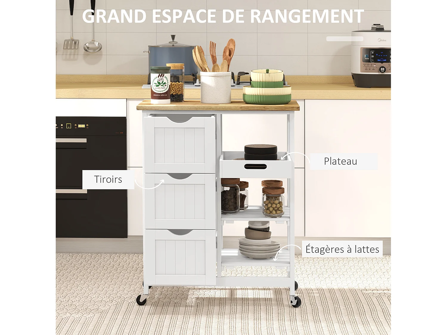 Desserte de cuisine multi-rangement - 3 tiroirs, 2 étagères, plateau amovible - MDF blanc bois hévéa