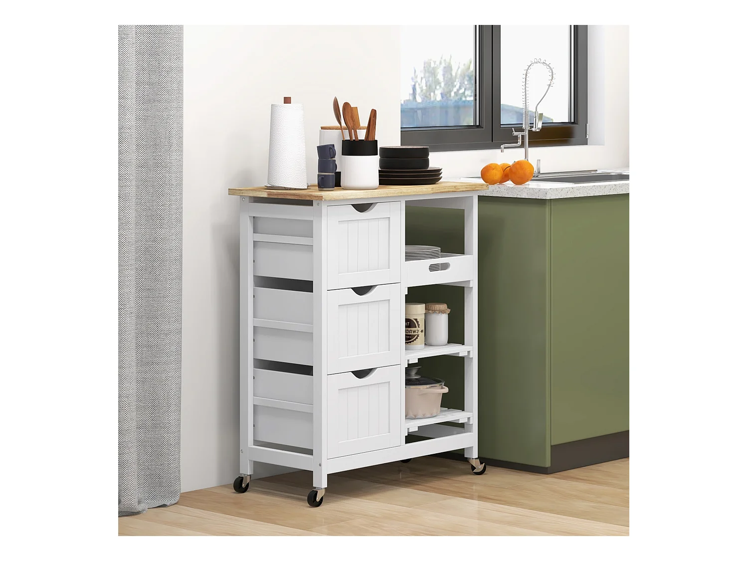 Desserte de cuisine multi-rangement - 3 tiroirs, 2 étagères, plateau amovible - MDF blanc bois hévéa