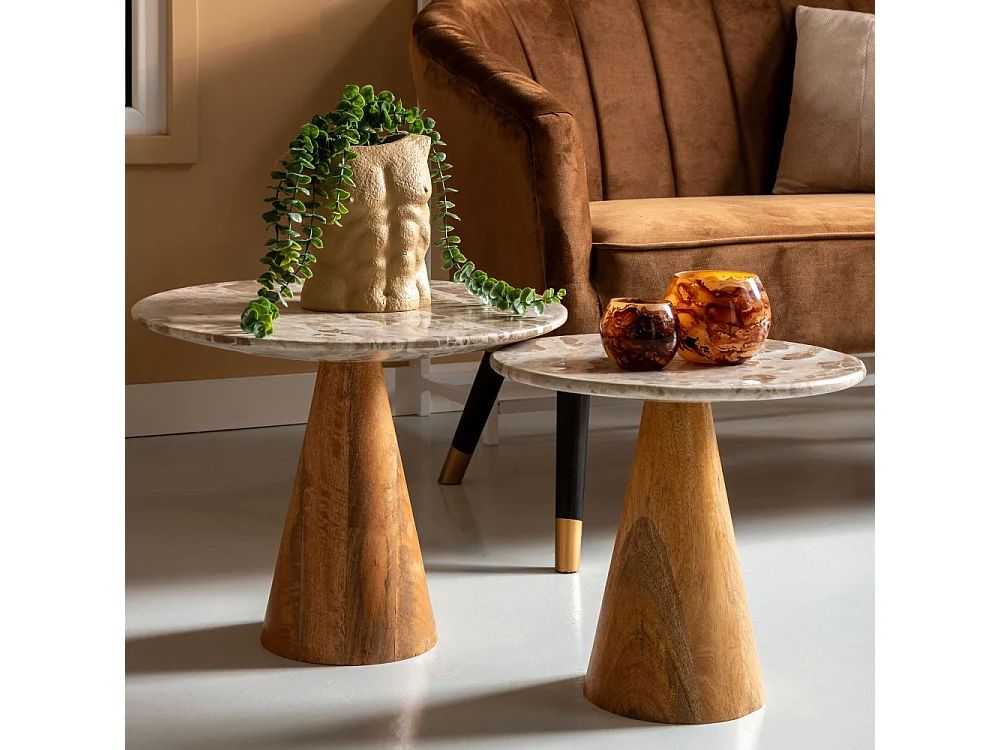 Force - Table d’appoint en bois et marbre ø40cm - Brun