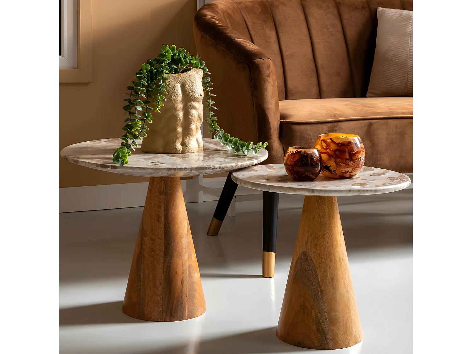 Force Wide - Table d’appoint en bois et marbre ø50cm - Brun