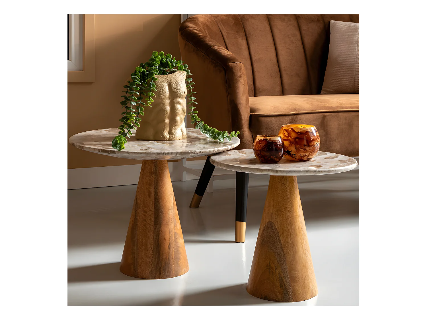 Force Wide - Table d’appoint en bois et marbre ø50cm - Brun