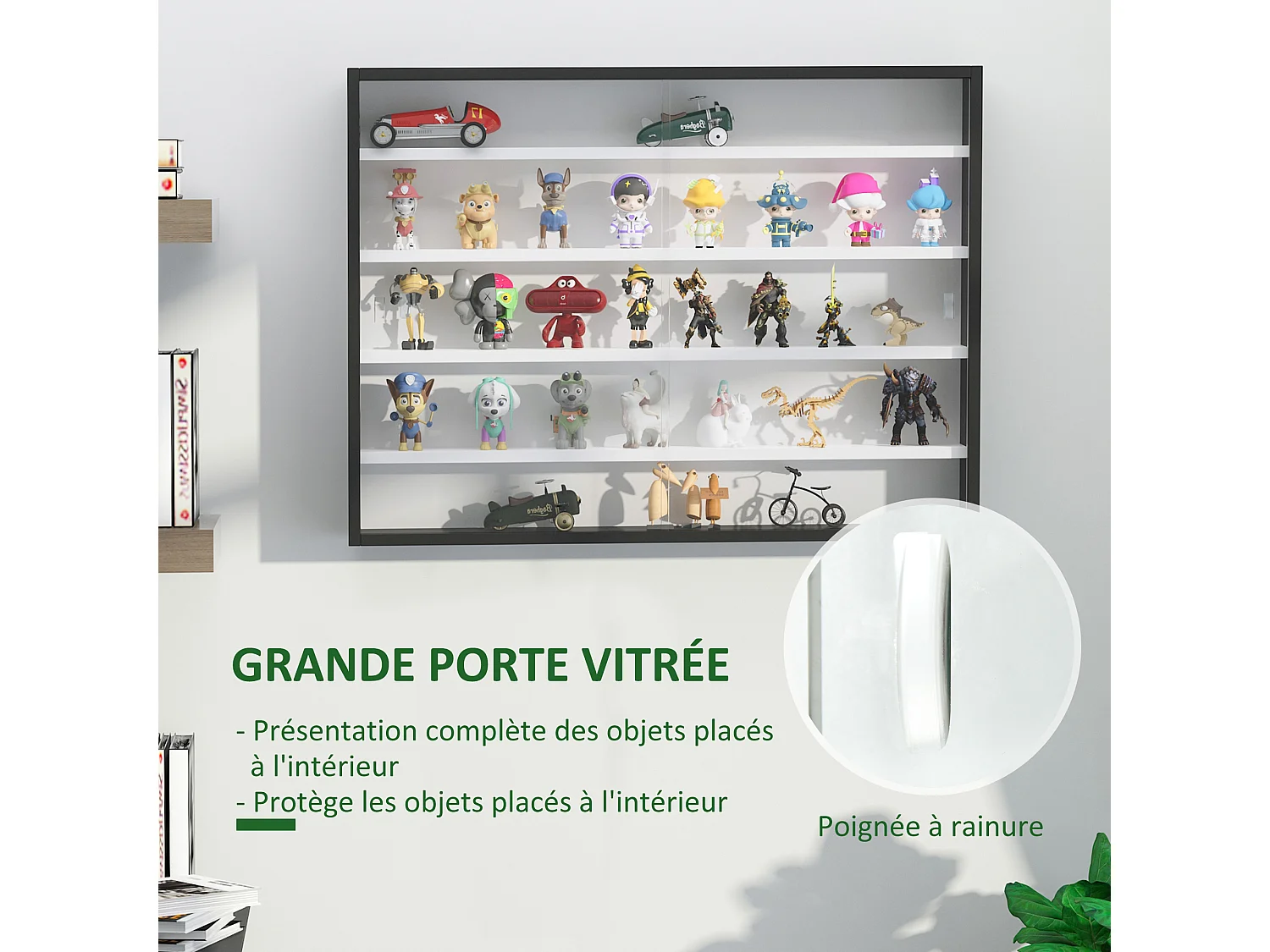 Vitrine murale étagère - 5 étagères réglables - 2 portes coulissantes verre - panneaux noir blanc