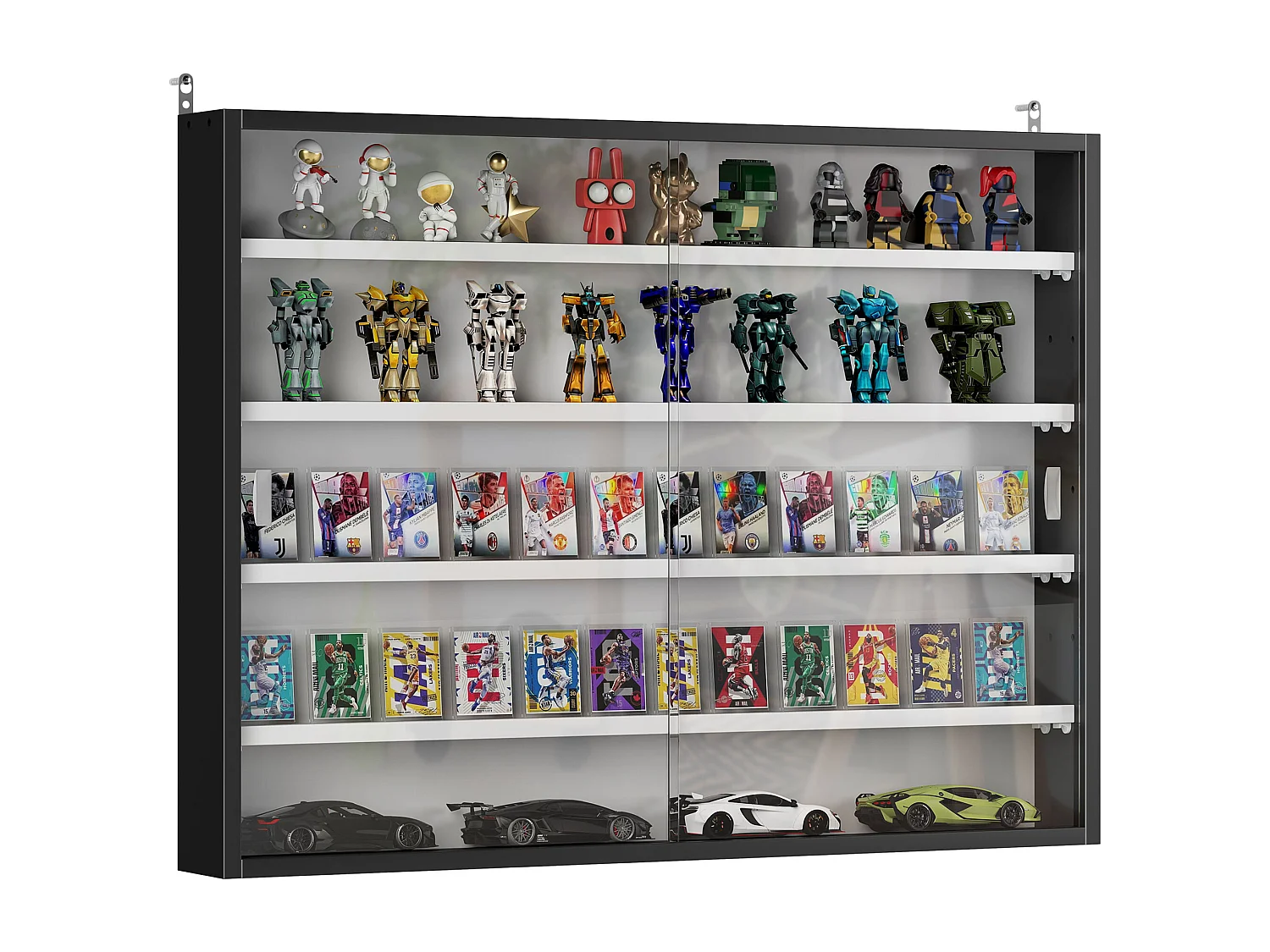 Vitrine murale étagère - 5 étagères réglables - 2 portes coulissantes verre - panneaux noir blanc