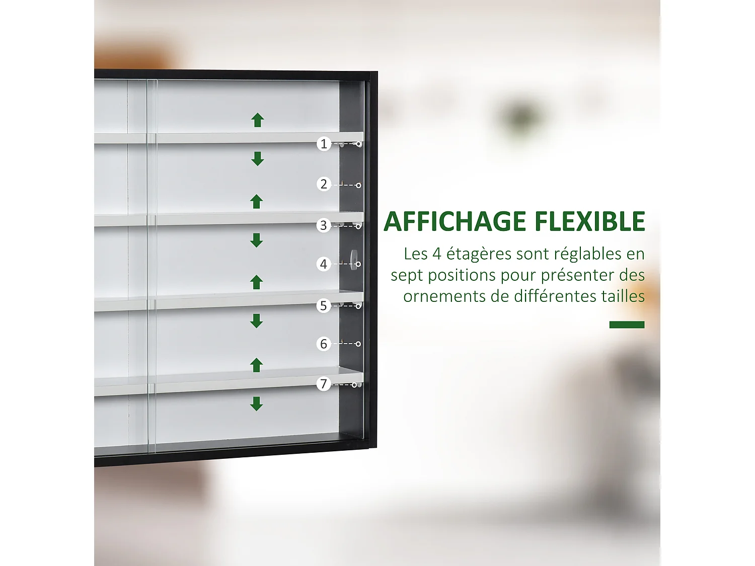 Vitrine murale étagère - 5 étagères réglables - 2 portes coulissantes verre - panneaux noir blanc