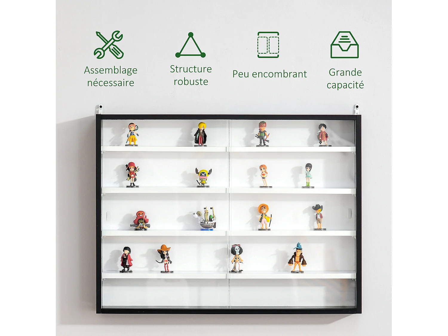 Vitrine murale étagère - 5 étagères réglables - 2 portes coulissantes verre - panneaux noir blanc