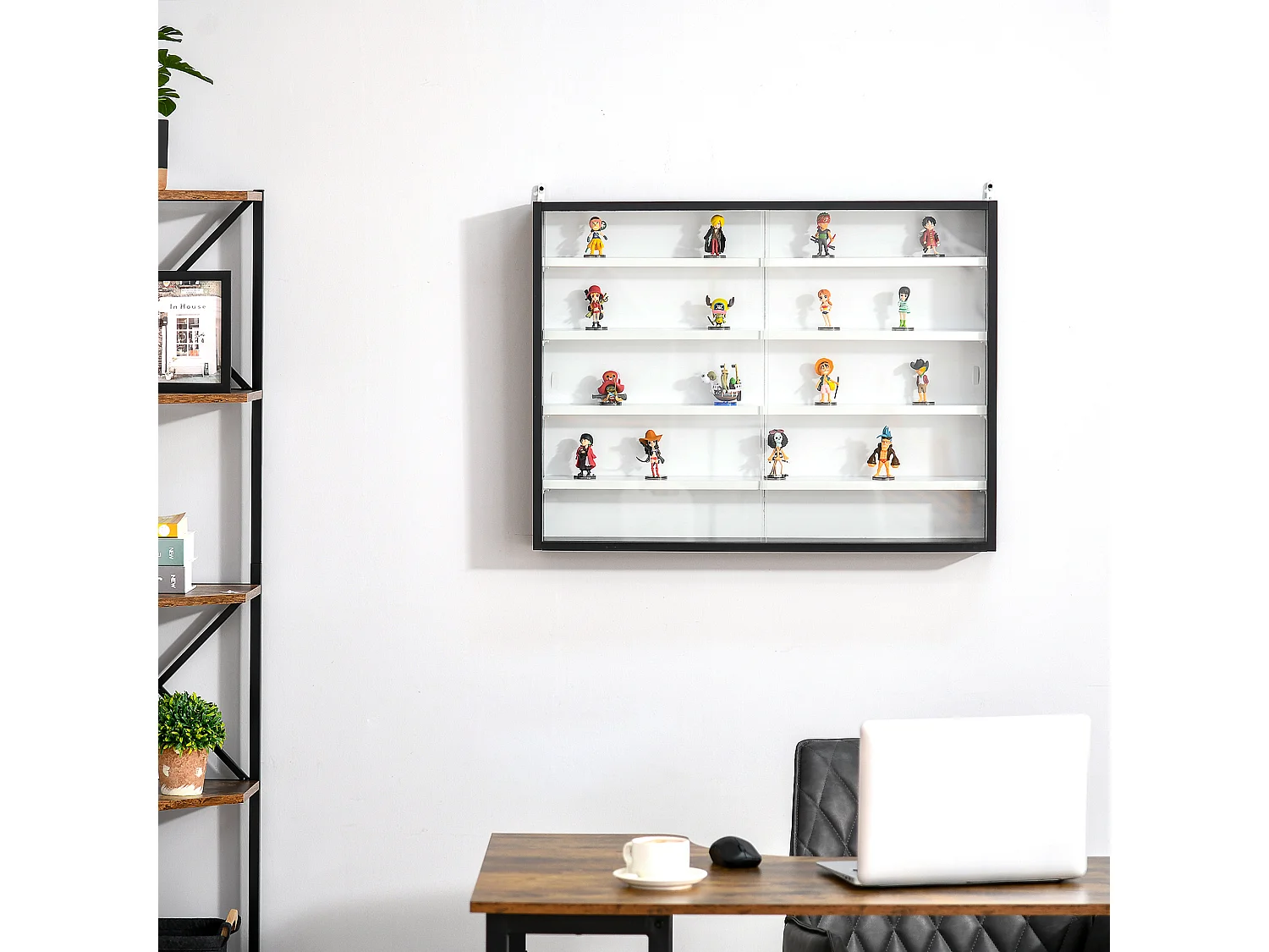 Vitrine murale étagère - 5 étagères réglables - 2 portes coulissantes verre - panneaux noir blanc