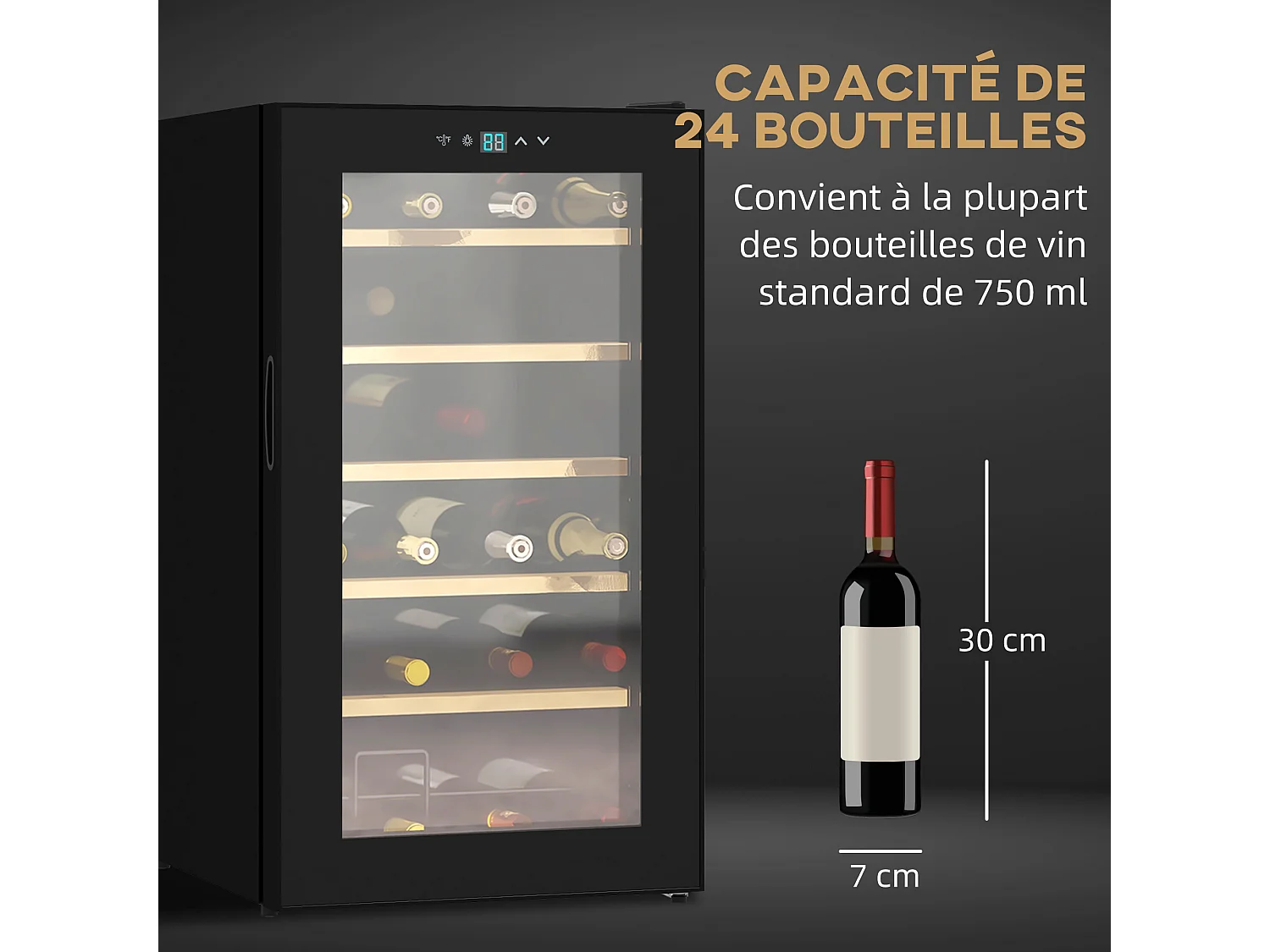 Cave à vin thermoélectrique 24 bouteilles panneau tactile écran LCD éclairage intérieur LED température réglable 5-20°C noir