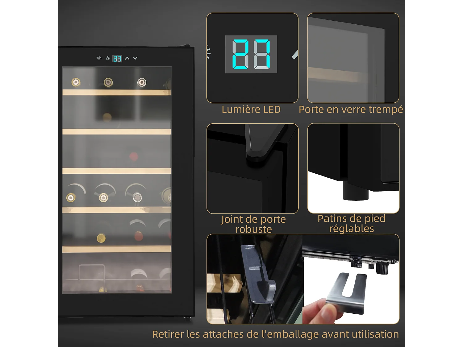 Cave à vin thermoélectrique 24 bouteilles panneau tactile écran LCD éclairage intérieur LED température réglable 5-20°C noir